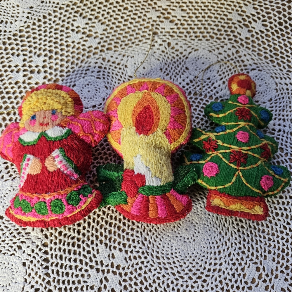 Vintage handcrafted ornaments. Angel, christmas tree, and candle set of 3